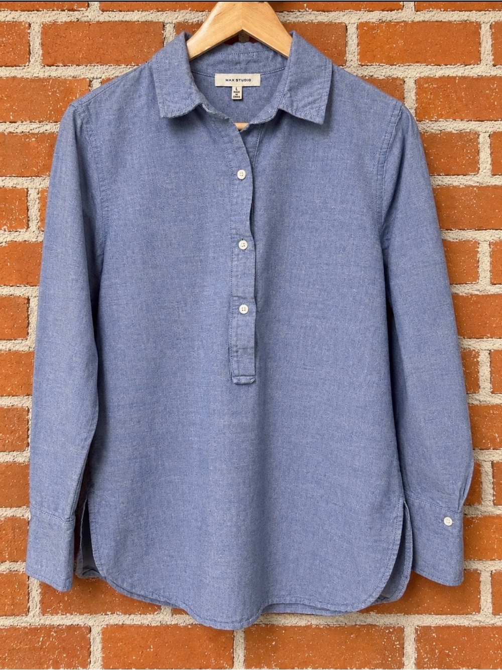 Max Studio Blue Button-Front Cotton Shirt